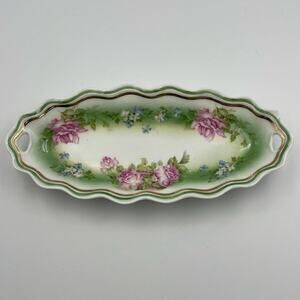 Welmar Germany Marked Antique 9" Oblong Plate Bowl Tray Roses Scallop Edge